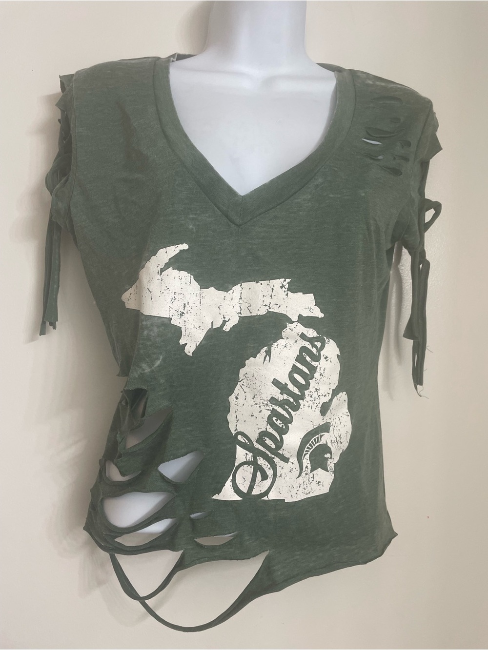 Michigan Spartans Distressed V-Neck Women's Top - Green